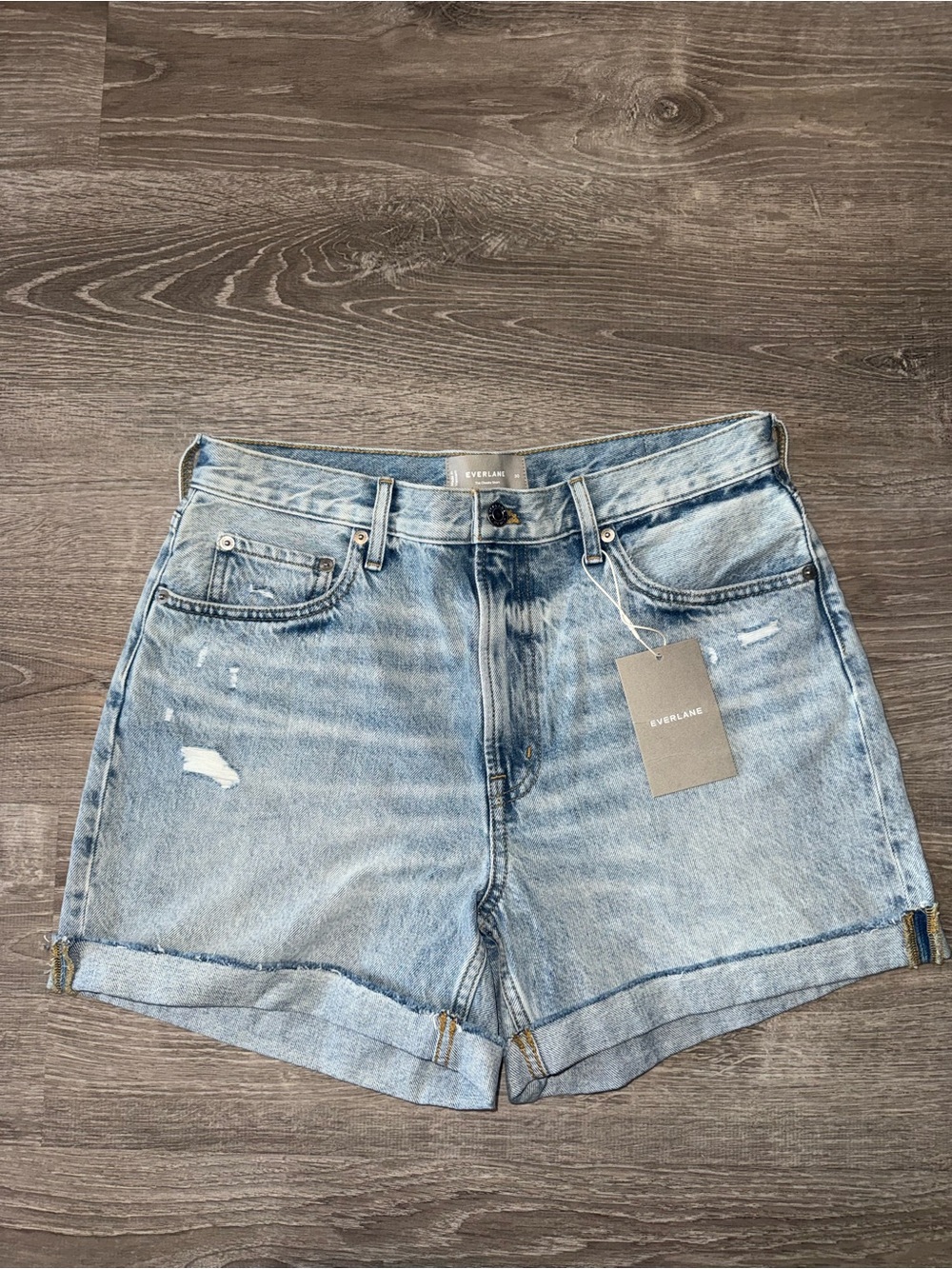 Everlane Faded Light Blue High-Rise Rolled-Hem Denim Shorts